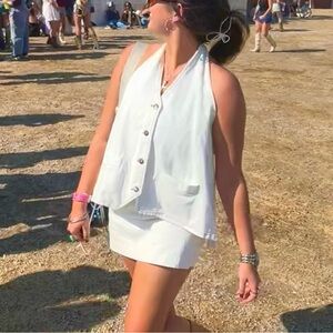White Sleeveless Button-Front Halter Top & Mini Skort set